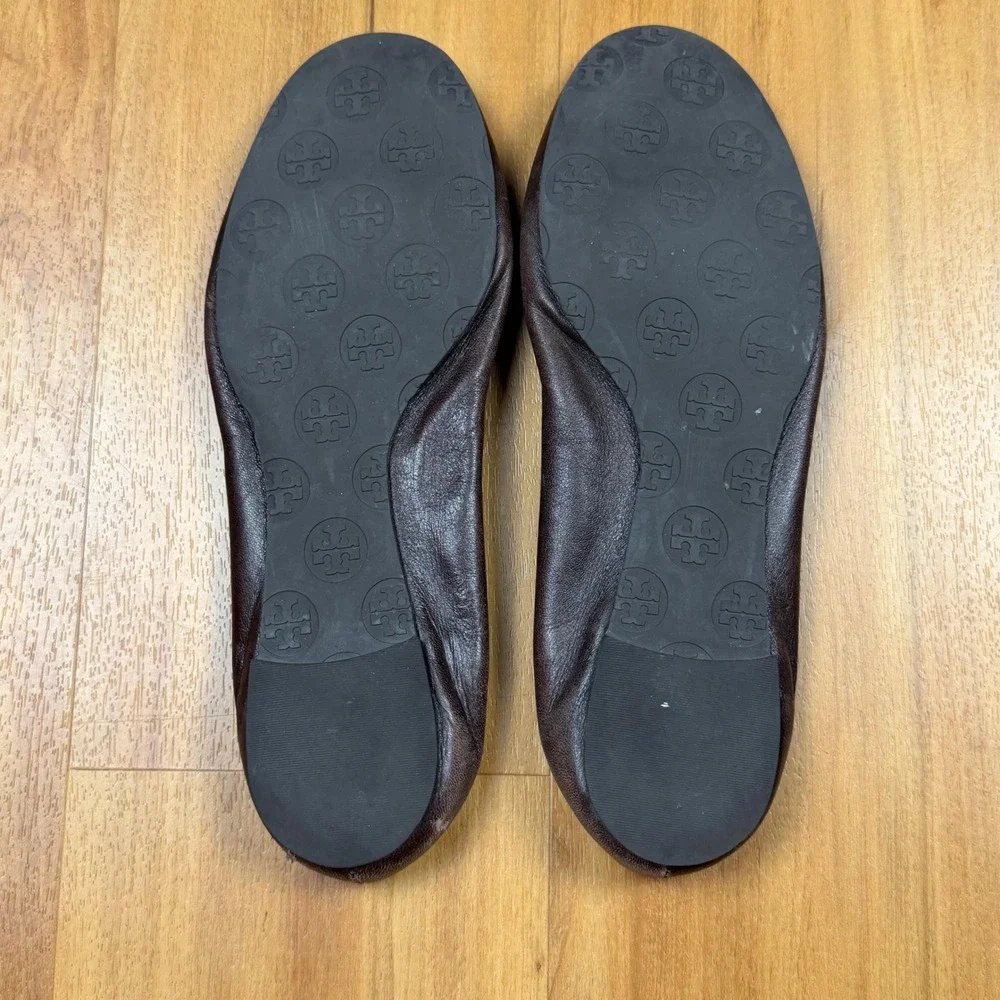Tory Burch Reva Ballet Flats Brown Leather Gold Logo Medallion Scrunch Back Sz9M